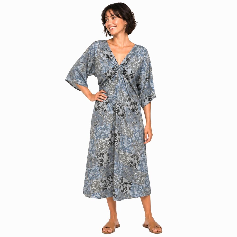 New GIGIO M 8 10 Patchwork Print Twist V Neck Midi Dress Back Tassel Tie